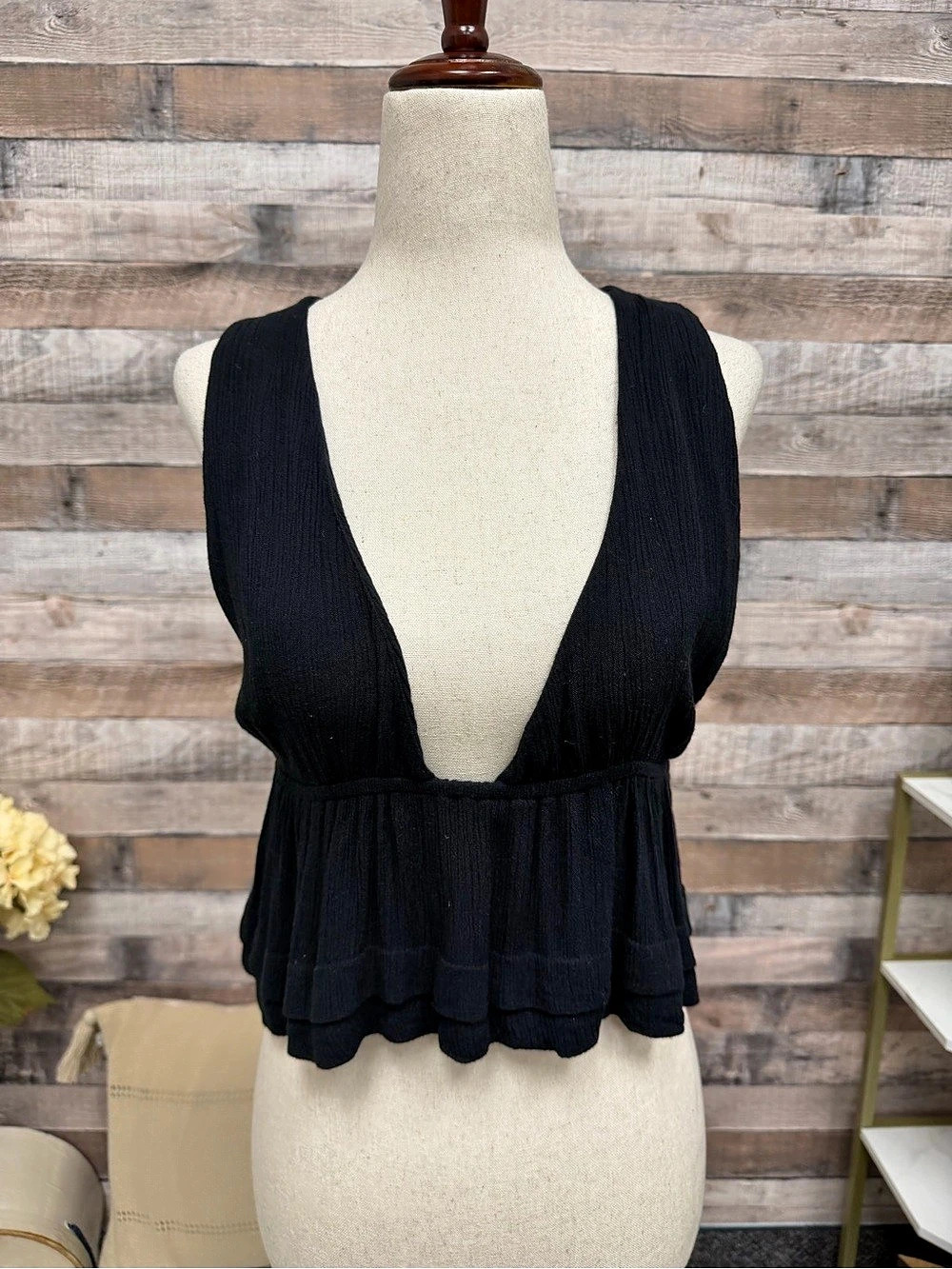 Free People black v neck crop top w/ wood bead ties XS